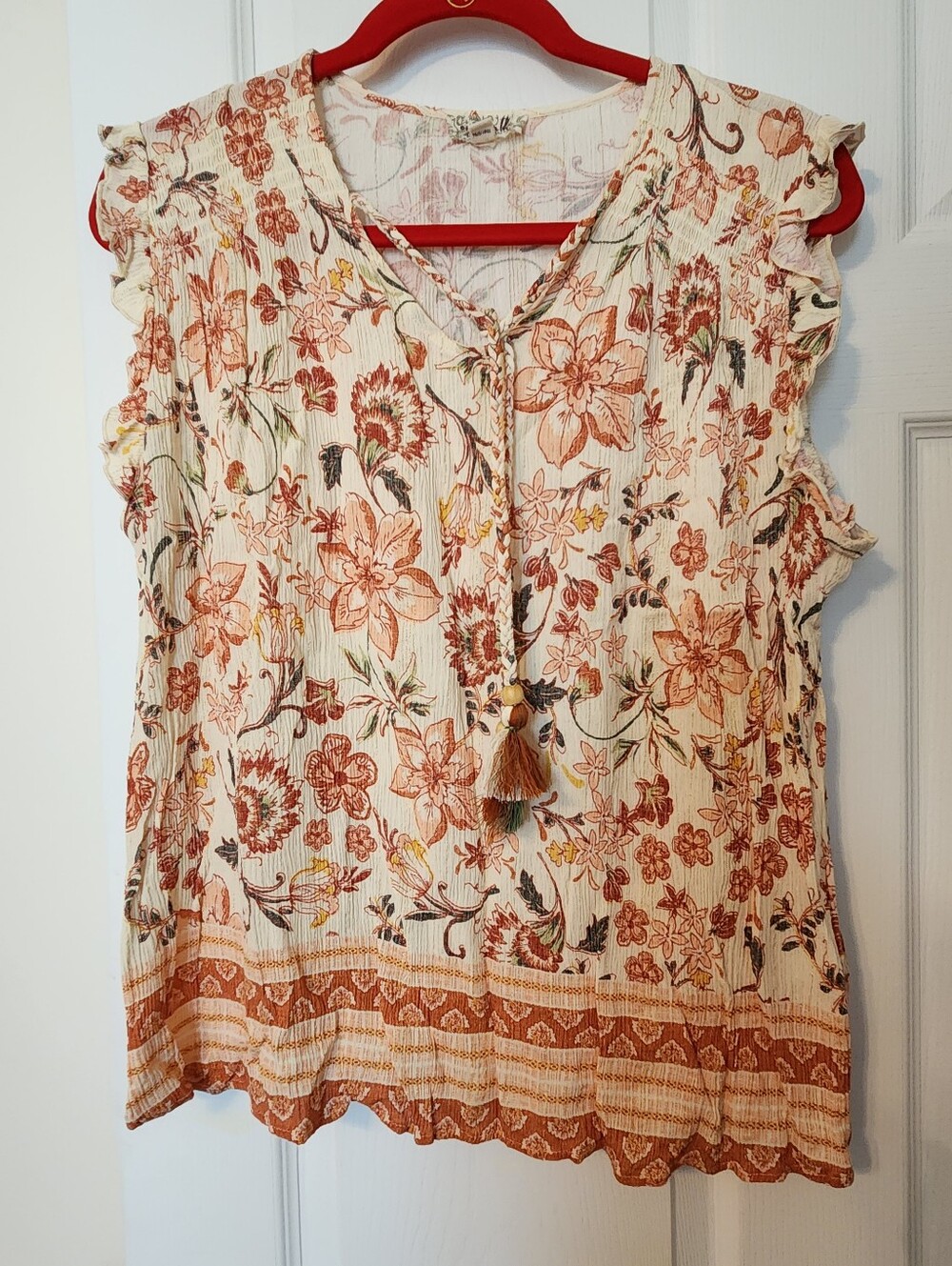 Emerald Floral Tassel Tie top - Cream & Rust sz PXL